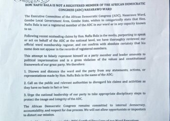 Gombe ADC Disowns Nafiu Bala, Says He Is Not A Member