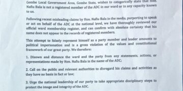 Gombe ADC Disowns Nafiu Bala, Says He Is Not A Member