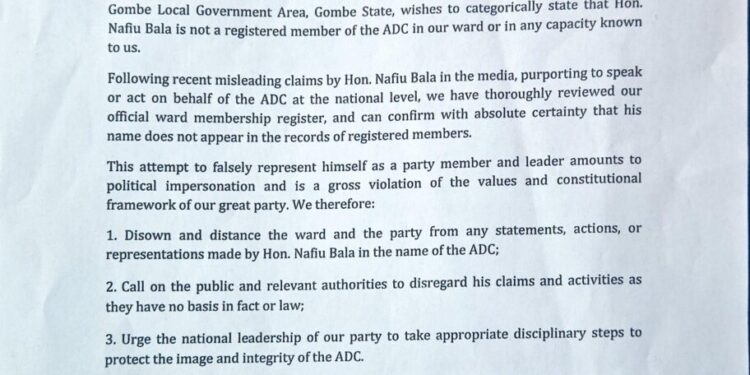 Gombe ADC Disowns Nafiu Bala, Says He Is Not A Member