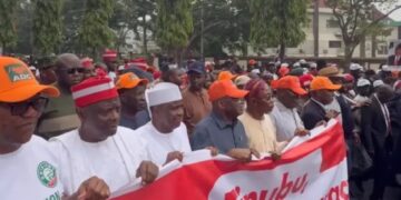 Atiku, Obi, David Mark, Amaechi lead ADC protest to INEC HQ