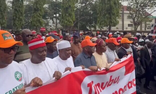 Atiku, Obi, David Mark, Amaechi lead ADC protest to INEC HQ